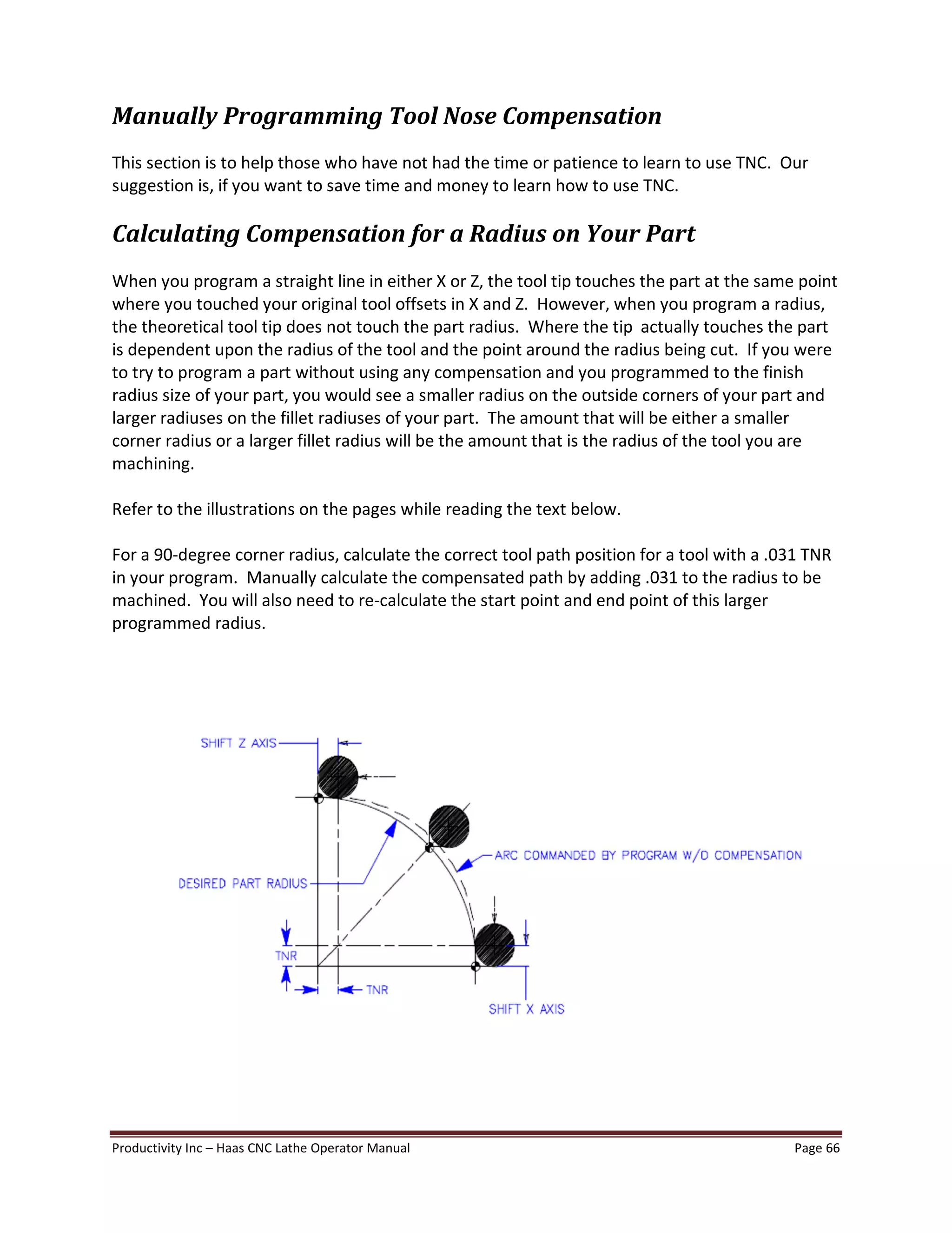 Productivity Inc Haas CNC Lathe Operator Manual Page 66
Manually Programming Tool Nose Compensation
This section is to help those who have not had the time or patience to learn to use TNC. Our
suggestion is, if you want to save time and money to learn how to use TNC.
Calculating Compensation for a Radius on Your Part
When you program a straight line in either X or Z, the tool tip touches the part at the same point
where you touched your original tool offsets in X and Z. However, when you program a radius,
the theoretical tool tip does not touch the part radius. Where the tip actually touches the part
is dependent upon the radius of the tool and the point around the radius being cut. If you were
to try to program a part without using any compensation and you programmed to the finish
radius size of your part, you would see a smaller radius on the outside corners of your part and
larger radiuses on the fillet radiuses of your part. The amount that will be either a smaller
corner radius or a larger fillet radius will be the amount that is the radius of the tool you are
machining.
Refer to the illustrations on the pages while reading the text below.
For a 90-degree corner radius, calculate the correct tool path position for a tool with a .031 TNR
in your program. Manually calculate the compensated path by adding .031 to the radius to be
machined. You will also need to re-calculate the start point and end point of this larger
programmed radius.
 