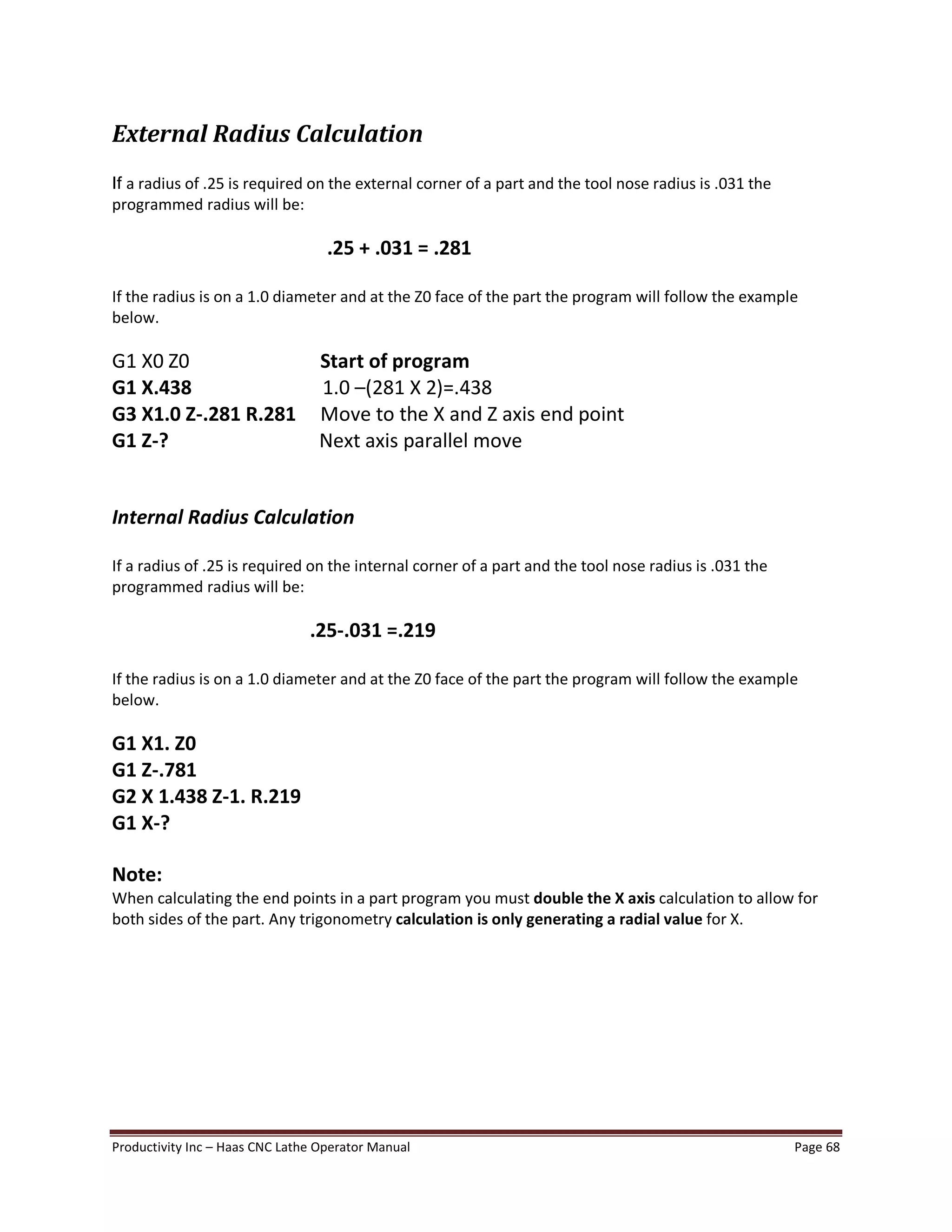 Productivity Inc Haas CNC Lathe Operator Manual Page 68
External Radius Calculation
If a radius of .25 is required on the external corner of a part and the tool nose radius is .031 the
programmed radius will be:
.25 + .031 = .281
If the radius is on a 1.0 diameter and at the Z0 face of the part the program will follow the example
below.
G1 X0 Z0 Start of program
G1 X.438 1.0 (281 X 2)=.438
G3 X1.0 Z-.281 R.281 Move to the X and Z axis end point
G1 Z-? Next axis parallel move
Internal Radius Calculation
If a radius of .25 is required on the internal corner of a part and the tool nose radius is .031 the
programmed radius will be:
.25-.031 =.219
If the radius is on a 1.0 diameter and at the Z0 face of the part the program will follow the example
below.
G1 X1. Z0
G1 Z-.781
G2 X 1.438 Z-1. R.219
G1 X-?
Note:
When calculating the end points in a part program you must double the X axis calculation to allow for
both sides of the part. Any trigonometry calculation is only generating a radial value for X.
 