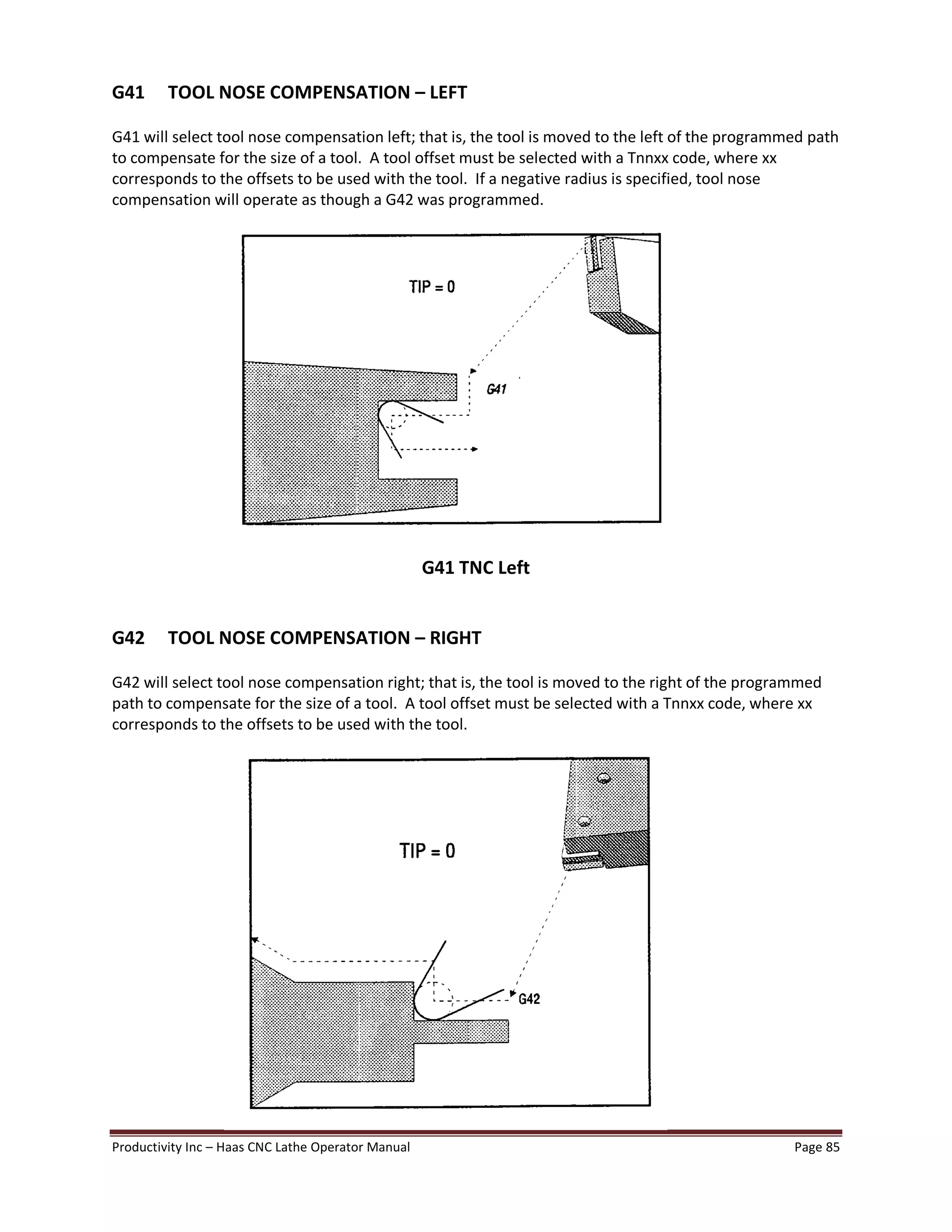 Productivity Inc Haas CNC Lathe Operator Manual Page 85
G41 TOOL NOSE COMPENSATION LEFT
G41 will select tool nose compensation left; that is, the tool is moved to the left of the programmed path
to compensate for the size of a tool. A tool offset must be selected with a Tnnxx code, where xx
corresponds to the offsets to be used with the tool. If a negative radius is specified, tool nose
compensation will operate as though a G42 was programmed.
G41 TNC Left
G42 TOOL NOSE COMPENSATION RIGHT
G42 will select tool nose compensation right; that is, the tool is moved to the right of the programmed
path to compensate for the size of a tool. A tool offset must be selected with a Tnnxx code, where xx
corresponds to the offsets to be used with the tool.
 