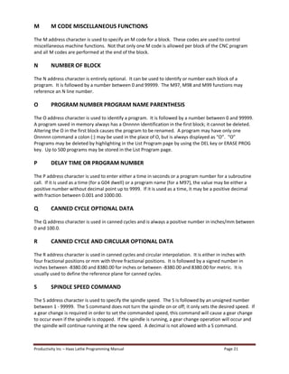 Productivity Inc Haas Lathe Programming Manual Page 21
M M CODE MISCELLANEOUS FUNCTIONS
The M address character is used to specify an M code for a block. These codes are used to control
miscellaneous machine functions. Not that only one M code is allowed per block of the CNC program
and all M codes are performed at the end of the block.
N NUMBER OF BLOCK
The N address character is entirely optional. It can be used to identify or number each block of a
program. It is followed by a number between 0 and 99999. The M97, M98 and M99 functions may
reference an N line number.
O PROGRAM NUMBER PROGRAM NAME PARENTHESIS
The O address character is used to identify a program. It is followed by a number between 0 and 99999.
A program saved in memory always has a Onnnnn identification in the first block; it cannot be deleted.
Altering the O in the first block causes the program to be renamed. A program may have only one
Onnnnn command a colon (:) may be used in the place of O, but is always displayed as O . O
Programs may be deleted by highlighting in the List Program page by using the DEL key or ERASE PROG
key. Up to 500 programs may be stored in the List Program page.
P DELAY TIME OR PROGRAM NUMBER
The P address character is used to enter either a time in seconds or a program number for a subroutine
call. If it is used as a time (for a G04 dwell) or a program name (for a M97), the value may be either a
positive number without decimal point up to 9999. If it is used as a time, it may be a positive decimal
with fraction between 0.001 and 1000.00.
Q CANNED CYCLE OPTIONAL DATA
The Q address character is used in canned cycles and is always a positive number in inches/mm between
0 and 100.0.
R CANNED CYCLE AND CIRCULAR OPTIONAL DATA
The R address character is used in canned cycles and circular interpolation. It is either in inches with
four fractional positions or mm with three fractional positions. It is followed by a signed number in
inches between -8380.00 and 8380.00 for inches or between -8380.00 and 8380.00 for metric. It is
usually used to define the reference plane for canned cycles.
S SPINDLE SPEED COMMAND
The S address character is used to specify the spindle speed. The S is followed by an unsigned number
between 1 - 99999. The S command does not turn the spindle on or off; it only sets the desired speed. If
a gear change is required in order to set the commanded speed, this command will cause a gear change
to occur even if the spindle is stopped. If the spindle is running, a gear change operation will occur and
the spindle will continue running at the new speed. A decimal is not allowed with a S command.
 