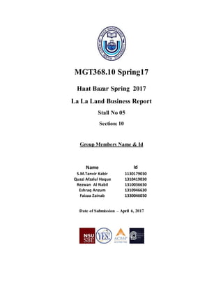 MGT368.10 Spring17
Haat Bazar Spring 2017
La La Land Business Report
Stall No 05
Section: 10
Group Members Name & Id
Date of Submission – April 6, 2017
Name Id
S.M.Tanvir Kabir 1130179030
Quazi Afzalul Haque 1310419030
Rezwan Al Nabil 1310036630
Eshraq Anzum 1310946630
Faizaa Zainab 1330046030
 