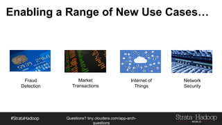 Questions?
tiny.cloudera.com/questions
Enabling a Range of New Use Cases…
Fraud Detection Market
Transactions
Internet of Things Network Security
 