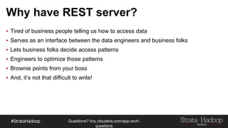 Questions?
tiny.cloudera.com/questions
Log with Compactions
- When new record come in they don t rewrite the old
- They compact in
Key Time Value
A 1 101
B 1 101
C 1 101
D 1 101
E 1 101
F 1 101
G 1 101
Key Time Value
A 2 102
D 2 102
F 2 102
F 3 103
H 3 103
Key Time Value
A 2 102
B 1 101
C 1 101
D 2 102
E 1 101
F 3 103
G 1 101
H 3 103
 