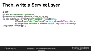 Questions?
tiny.cloudera.com/questions
HDFS
Ordered
- All Records Columns are ordered
- Ordering allows for simpler indexing
- Ordering allows for simpler compactions
- We will also use this ordering
- Windowing
- Time series
- Local scanning
Client
Master
RegionServer
Memstore
HFiles New HFiles
HFiles
 