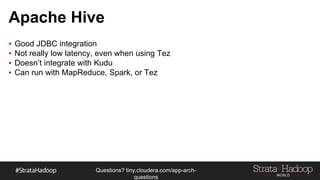 Questions?
tiny.cloudera.com/questions
NoSQL - Others
- Document
- Mongo
- CouchDB
- Spanner-Inspired
- Kudu
- CockroachDB
- Druid.IO
 