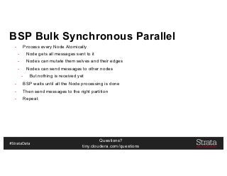 Questions?
tiny.cloudera.com/questions
BSP Bulk Synchronous Parallel
- Process every Node Atomically
- Node gets all messages sent to it
- Nodes can mutate them selves and their edges
- Nodes can send messages to other nodes
- But nothing is received yet
- BSP waits until all the Node processing is done
- Then send messages to the right partition
- Repeat
 