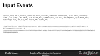 Questions?
tiny.cloudera.com/questions
Input Events
CMT,2009-01-05 08:31:55,2009-01-05 8:37:50,1,0.90000000000000002,-73.977936999999997,
40.745919000000001,,,-
73.983609000000001,40.755051000000002,Credit,5.2999999999999998,0,,0.79000000000000004,0,6.0
899999999999999
vendor_name,Trip_Pickup_DateTime,Trip_Dropoff_DateTime,Passenger_Count,Trip_Distance,
Start_Lon,Start_Lat,Rate_Code,store_and_forward,End_Lon,End_Lat,Payment_Type,Fare_Amt,
surcharge,mta_tax,Tip_Amt,Tolls_Amt,Total_Amt
 