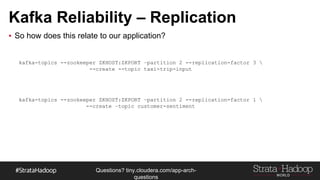 Questions?
tiny.cloudera.com/questions
Kafka Reliability – Replication
▪ So how does this relate to our application?
kafka-topics --zookeeper ZKHOST:ZKPORT –partition 2 --replication-factor 3 
--create --topic taxi-trip-input
kafka-topics --zookeeper ZKHOST:ZKPORT –partition 2 --replication-factor 1 
--create –topic customer-sentiment
 