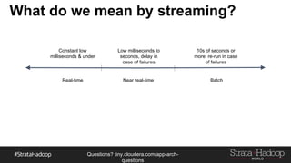 Questions?
tiny.cloudera.com/questions
What do we mean by streaming?
Constant low
milliseconds & under
Low milliseconds to
seconds, delay in
case of failures
10s of seconds or
more, re-run in case
of failures
Real-time Near real-time Batch
 