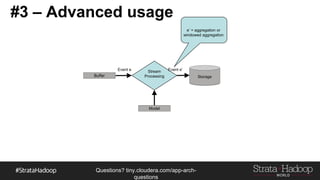 Questions?
tiny.cloudera.com/questions
#3 – Advanced usage
Buffer
Event e Stream
Processing Storage
Event e’
e’ = aggregation or
windowed aggregation
Model
 