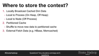 Questions?
tiny.cloudera.com/questions
Where to store the context?
1. Locally Broadcast Cached Dim Data
- Local to Process (On Heap, Off Heap)
- Local to Node (Off Process)
2. Partitioned Cache
- Shuffle to move new data to partitioned cache
3. External Fetch Data (e.g. HBase, Memcached)
 