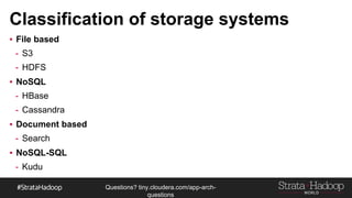 Questions?
tiny.cloudera.com/questions
Classification of storage systems
▪ File based
- S3
- HDFS
▪ NoSQL
- HBase
- Cassandra
▪ Document based
- Search
▪ NoSQL-SQL
- Kudu
 
