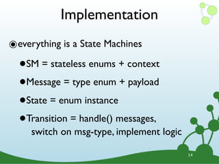 Implementation
๏everything is a State Machines
  • SM = stateless enums + context

  • Message = type enum + payload

  • State = enum instance

  • switch on msg-type, implement logic
    Transition = handle() messages,


                                          14
 