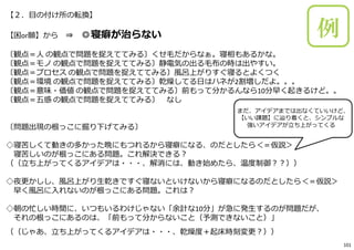 【２．⽬の付け所の転換】
【困or願】から ⇒ ◎寝癖が治らない
〔観点＝⼈ の観点で問題を捉えててみる〕くせ⽑だからなぁ。寝相もあるかな。
〔観点＝モノ の観点で問題を捉えててみる〕静電気の出る⽑布の時は出やすい。
〔観点＝プロセス の観点で問題を捉えててみる〕⾵呂上がりすぐ寝るとよくつく
〔観点＝環境 の観点で問題を捉えててみる〕乾燥してる⽇はハネが2割増しだよ。。。
〔観点＝意味・価値 の観点で問題を捉えててみる〕前もって分かるんなら10分早く起きるけど。。
〔観点＝五感 の観点で問題を捉えててみる〕 なし
〔問題出現の根っこに掘り下げてみる〕
◇寝苦しくて動きの多かった晩にもつれるから寝癖になる、のだとしたら＜＝仮説＞
寝苦しいのが根っこにある問題。これ解決できる︖
（（⽴ち上がってくるアイデアは・・・、解消には、動き始めたら、温度制御︖︖））
◇夜更かしし、⾵呂上がり⽣乾きですぐ寝ないといけないから寝癖になるのだとしたら＜＝仮説＞
早く⾵呂に⼊れないのが根っこにある問題。これは︖
◇朝の忙しい時間に、いつもいるわけじゃない「余計な10分」が急に発⽣するのが問題だが、
それの根っこにあるのは、「前もって分からないこと（予測できないこと）」
（（じゃあ、⽴ち上がってくるアイデアは・・・、乾燥度＋起床時刻変更︖））
まだ、アイデアまでは出なくていいけど、
【いい課題】に辿り着くと、シンプルな
強いアイデアが⽴ち上がってくる
例
101
 