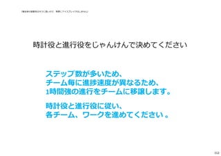 時計役と進⾏役をじゃんけんで決めてください
（場全体の凝集性はすでに⾼いので、殊更にアイスブレイクはしません）
ステップ数が多いため、
チーム毎に進捗速度が異なるため、
1時間強の進⾏をチームに移譲します。
時計役と進⾏役に従い、
各チーム、ワークを進めてください 。
112
 