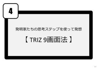発明家たちの思考ステップを使って発想
【 TRIZ 9画⾯法 】
4
115
 