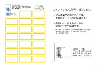 コメントした⼈が⼿早く記⼊します。
・記⼊作業が渋滞するときは、
予備のシートも使い結構です。
・あるいは、ポストイットを
貼り付けても結構です。
（貼る場合、ラフでもいいので⼀覧性を重視してください。
他の⽂字を隠さないようにすれば枠を気にしないで
使っても結構です。）
このシートは、
チェックリストとして
考えを引き出すために
⾃由に使ってください。
（補助道具ですので、無くてもいい⼈は使わなくても結構です。）
61
 