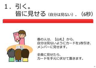 １．引く。
皆に⾒せる（⾃分は⾒ない）。（6秒）
番の⼈は、【⼭札】 から、
⾃分は⾒ないようにカードを1枚引き、
メンバーに⾒せます。
全員に⾒せたら、
カードを⼿元に伏せて置きます。
77
 