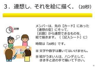 ３．連想し、それを絵に描く。（20秒）
メンバーは、先の【カード】にあった
［連想の型］にそって、
［お題］から連想できるものを、
絵で描きます。（［記⼊シート］に）
時間は『20秒』です。
※ ⽂字や数字は書いてはいけません。
※ 絵がうまい⼈は、ハンデとして、
きき⼿と逆の⼿で描いて下さい。
79
 