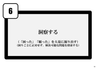 6
洞察する
（「困った」「願った」を大量に掘り出す）
（困りごとに正対せず、解決可能な問題を探索する）
94
 