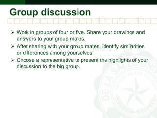 Group discussion
 Work in groups of four or five. Share your drawings and
answers to your group mates.
 After sharing with your group mates, identify similarities
or differences among yourselves.
 Choose a representative to present the highlights of your
discussion to the big group.
 