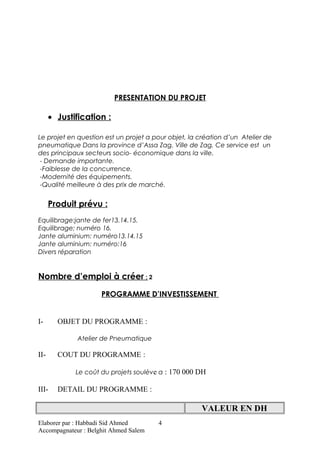 PRESENTATION DU PROJET
• Justification :
Le projet en question est un projet a pour objet, la création d’un Atelier de
pneumatique Dans la province d’Assa Zag. Ville de Zag, Ce service est un
des principaux secteurs socio- économique dans la ville.
- Demande importante.
-Faiblesse de la concurrence.
-Modernité des équipements.
-Qualité meilleure à des prix de marché.
Produit prévu :
Equilibrage:jante de fer13.14.15.
Equilibrage; numéro 16.
Jante aluminium: numéro13.14.15
Jante aluminium: numéro:16
Divers réparation
Nombre d’emploi à créer : 2
PROGRAMME D’INVESTISSEMENT
I- OBJET DU PROGRAMME :
Atelier de Pneumatique
II- COUT DU PROGRAMME :
Le coût du projets soulève a : 170 000 DH
III- DETAIL DU PROGRAMME :
VALEUR EN DH
Elaborer par : Habbadi Sid Ahmed
Accompagnateur : Belghit Ahmed Salem
4
 