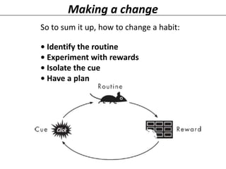 Making a change
So to sum it up, how to change a habit:
• Identify the routine
• Experiment with rewards
• Isolate the cue
• Have a plan

 