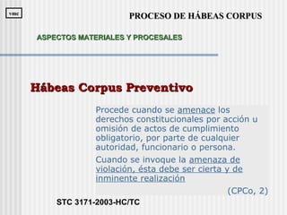 Procede cuando se amenace los
derechos constitucionales por acción u
omisión de actos de cumplimiento
obligatorio, por parte de cualquier
autoridad, funcionario o persona.
Cuando se invoque la amenaza de
violación, ésta debe ser cierta y de
inminente realización
(CPCo, 2)
Hábeas Corpus PreventivoHábeas Corpus Preventivo
STC 3171-2003-HC/TC
PROCESO DE HÁBEAS CORPUSPROCESO DE HÁBEAS CORPUSvmcvmc
ASPECTOS MATERIALES Y PROCESALESASPECTOS MATERIALES Y PROCESALES
 