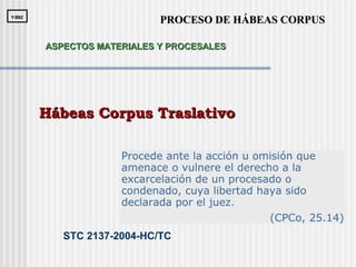 Procede ante la acción u omisión que
amenace o vulnere el derecho a la
excarcelación de un procesado o
condenado, cuya libertad haya sido
declarada por el juez.
(CPCo, 25.14)
Hábeas Corpus TraslativoHábeas Corpus Traslativo
STC 2137-2004-HC/TC
PROCESO DE HÁBEAS CORPUSPROCESO DE HÁBEAS CORPUSvmcvmc
ASPECTOS MATERIALES Y PROCESALESASPECTOS MATERIALES Y PROCESALES
 