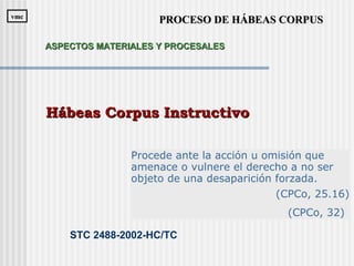 Procede ante la acción u omisión que
amenace o vulnere el derecho a no ser
objeto de una desaparición forzada.
(CPCo, 25.16)
(CPCo, 32)
Hábeas Corpus InstructivoHábeas Corpus Instructivo
STC 2488-2002-HC/TC
PROCESO DE HÁBEAS CORPUSPROCESO DE HÁBEAS CORPUSvmcvmc
ASPECTOS MATERIALES Y PROCESALESASPECTOS MATERIALES Y PROCESALES
 