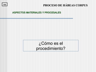 ¿Cómo es el
procedimiento?
PROCESO DE HÁBEAS CORPUSPROCESO DE HÁBEAS CORPUSvmcvmc
ASPECTOS MATERIALES Y PROCESALESASPECTOS MATERIALES Y PROCESALES
 