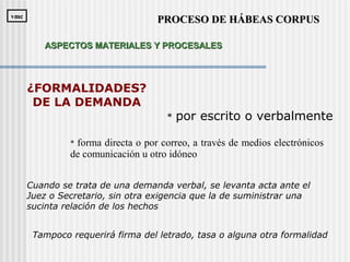 * por escrito o verbalmente
¿FORMALIDADES?
DE LA DEMANDA
* forma directa o por correo, a través de medios electrónicos
de comunicación u otro idóneo
Cuando se trata de una demanda verbal, se levanta acta ante el
Juez o Secretario, sin otra exigencia que la de suministrar una
sucinta relación de los hechos
PROCESO DE HÁBEAS CORPUSPROCESO DE HÁBEAS CORPUSvmcvmc
ASPECTOS MATERIALES Y PROCESALESASPECTOS MATERIALES Y PROCESALES
Tampoco requerirá firma del letrado, tasa o alguna otra formalidad
 