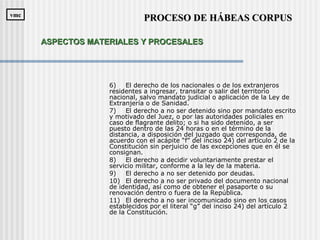 6) El derecho de los nacionales o de los extranjeros
residentes a ingresar, transitar o salir del territorio
nacional, salvo mandato judicial o aplicación de la Ley de
Extranjería o de Sanidad.
7) El derecho a no ser detenido sino por mandato escrito
y motivado del Juez, o por las autoridades policiales en
caso de flagrante delito; o si ha sido detenido, a ser
puesto dentro de las 24 horas o en el término de la
distancia, a disposición del juzgado que corresponda, de
acuerdo con el acápite “f” del inciso 24) del artículo 2 de la
Constitución sin perjuicio de las excepciones que en él se
consignan.
8) El derecho a decidir voluntariamente prestar el
servicio militar, conforme a la ley de la materia.
9) El derecho a no ser detenido por deudas.
10) El derecho a no ser privado del documento nacional
de identidad, así como de obtener el pasaporte o su
renovación dentro o fuera de la República.
11) El derecho a no ser incomunicado sino en los casos
establecidos por el literal “g” del inciso 24) del artículo 2
de la Constitución.
PROCESO DE HÁBEAS CORPUSPROCESO DE HÁBEAS CORPUSvmcvmc
ASPECTOS MATERIALES Y PROCESALESASPECTOS MATERIALES Y PROCESALES
 
