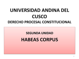 UNIVERSIDAD ANDINA DEL
CUSCO
DERECHO PROCESAL CONSTITUCIONAL
SEGUNDA UNIDAD
HABEAS CORPUS
1
 