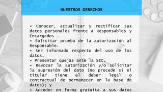 NUESTROS DERECHOS
14
• Conocer, actualizar y rectificar sus
datos personales frente a Responsables y
Encargados .
• Solicitar prueba de la autorización al
Responsable.
• Ser informado respecto del uso de los
datos.
• Presentar quejas ante la SIC.
• Revocar la autorización y/o solicitar
la supresión del dato (no procede si el
titular tiene el deber legal o
contractual de permanecer en la base de
datos); y
• Acceder en forma gratuita a sus datos
 