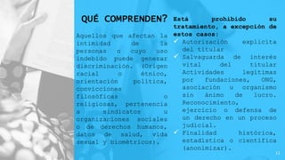 Está prohibido su
tratamiento, a excepción de
estos casos:
 Autorización explicita
del titular
 Salvaguarda de interés
vital del titular
Actividades legítimas
por fundaciones, ONG,
asociación u organismo
sin ánimo de lucro.
Reconocimiento,
ejercicio o defensa de
un derecho en un proceso
judicial.
 Finalidad histórica,
estadística o científica
(anonimizar).
QUÉ COMPRENDEN?
Aquellos que afectan la
intimidad de la
personas o cuyo uso
indebido puede generar
discriminación. (Origen
racial o étnico,
orientación política,
convicciones
filosóficas o
religiosas, pertenencia
a sindicatos u
organizaciones sociales
o de derechos humanos,
datos de salud, vida
sexual y biométricos).
11
 