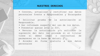 NUESTROS DERECHOS
14
• Conocer, actualizar y rectificar sus datos
personales frente a Responsables y Encargados
.
• Solicitar prueba de la autorización al
Responsable.
• Ser informado respecto del uso de los datos.
• Presentar quejas ante la SIC.
• Revocar la autorización y/o solicitar la
supresión del dato (no procede si el titular
tiene el deber legal o contractual de
permanecer en la base de datos); y
• Acceder en forma gratuita a sus datos
personales
 