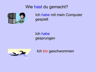 Ich habe mit mein Computer gespielt Wie hast du gemacht? Ich habe gesprungen Ich bin geschwommen