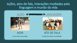 AÇÃO LINGUAGEM
AGIR ATO DE FALA
correr, fazer uma entrega Corrigir, dar ordens, Constatações
 