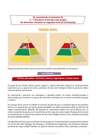 Concejalía de Sanidad del Ayuntamiento de Valencia
Sección de Programas de Salud
Se recomienda el consumo de
2 – 3 Raciones al día (de cada grupo)
de alimentos situados en segundo nivel de la Pirámide
TERCER NIVEL
Proporcionalmente menor que los anteriores, también está subdividido en dos partes:
Los lácteos,
carnes, pescados, mariscos, huevos, legumbres y frutos secos
El grupo de los lácteos (leche, quesos, yogures y demás derivados lácteos) es particularmente
importante por su aporte de calcio y proteínas de alto valor biológico.Todas las personas deben
consumir lacteos diariamente.
Se recomienda a personas con sobrepeso u obesidad preferir las leches semidescremadas o
descremadas, que mantienen su aporte de nutrientes esenciales con un menor contenido de grasas
y calorías.
En el grupo de las carnes se enfatiza el consumo de pescado, por su excelente aporte de proteínas,
hierro y, en especial, por que aporta grasas saludables con efecto preventivo sobre los factores de
riesgo cardiovasculares. Después del pescado, se recomienda preferir las carnes blancas, por su
menor contenido de grasas y,en el caso de las carnes rojas,las carnes magras.El grupo de las carnes
se caracteriza por su aporte de proteínas de alto valor biológico, hierro y zinc, minerales esenciales
de buena biodisponibilidad.
Las legumbres y frutos secos se incluyen en este grupo por su aporte proteico,aunque estas proteínas
no son de alto valor biológico. Sin embargo si combinamos las legumbres con cereales se obtienen
proteínas de mayor calidad.También nos aportan hidratos de carbono, fibra, vitaminas y minerales.
 