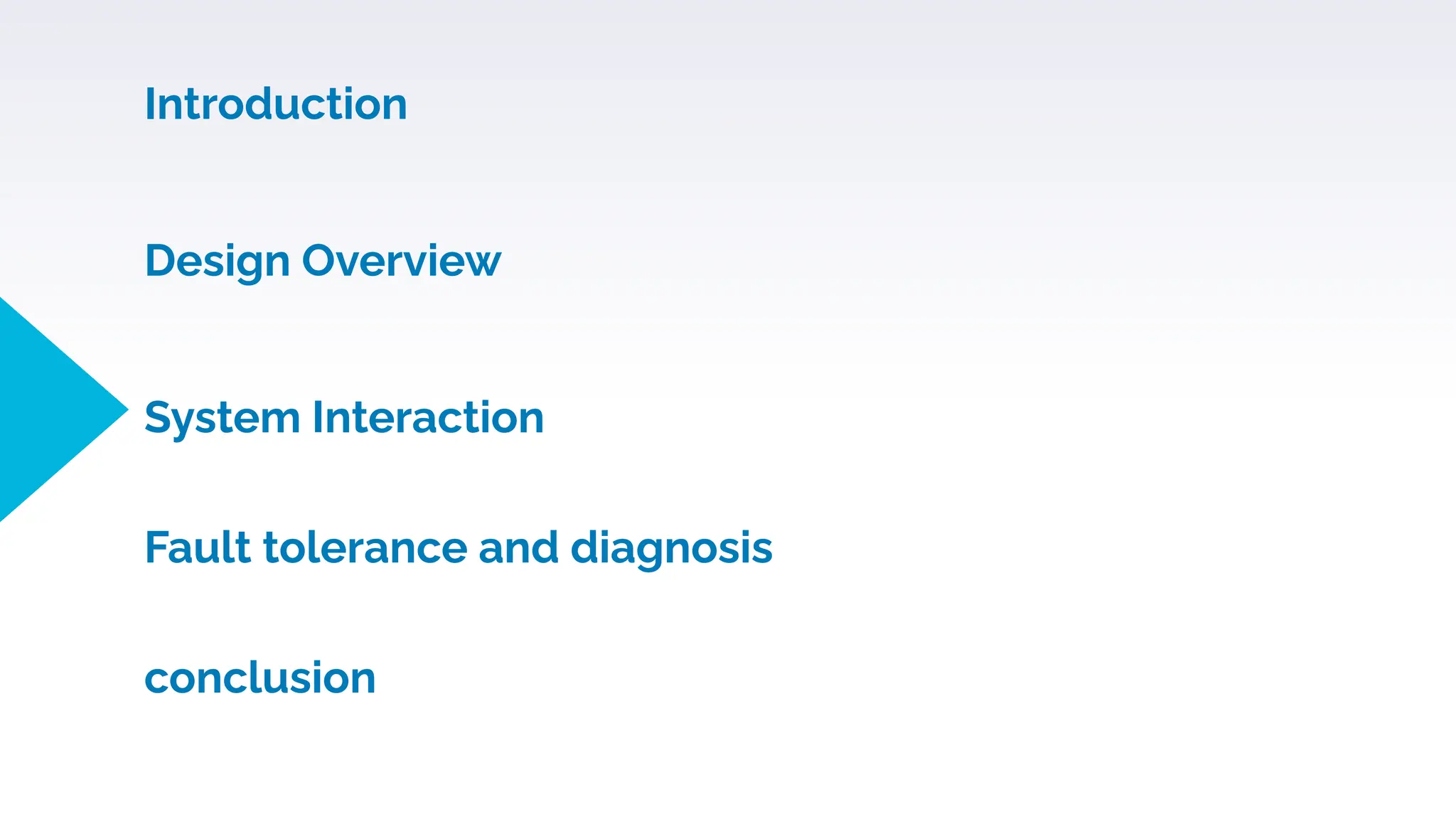 Introduction
Design Overview
Fault tolerance and diagnosis
System Interaction
conclusion
 