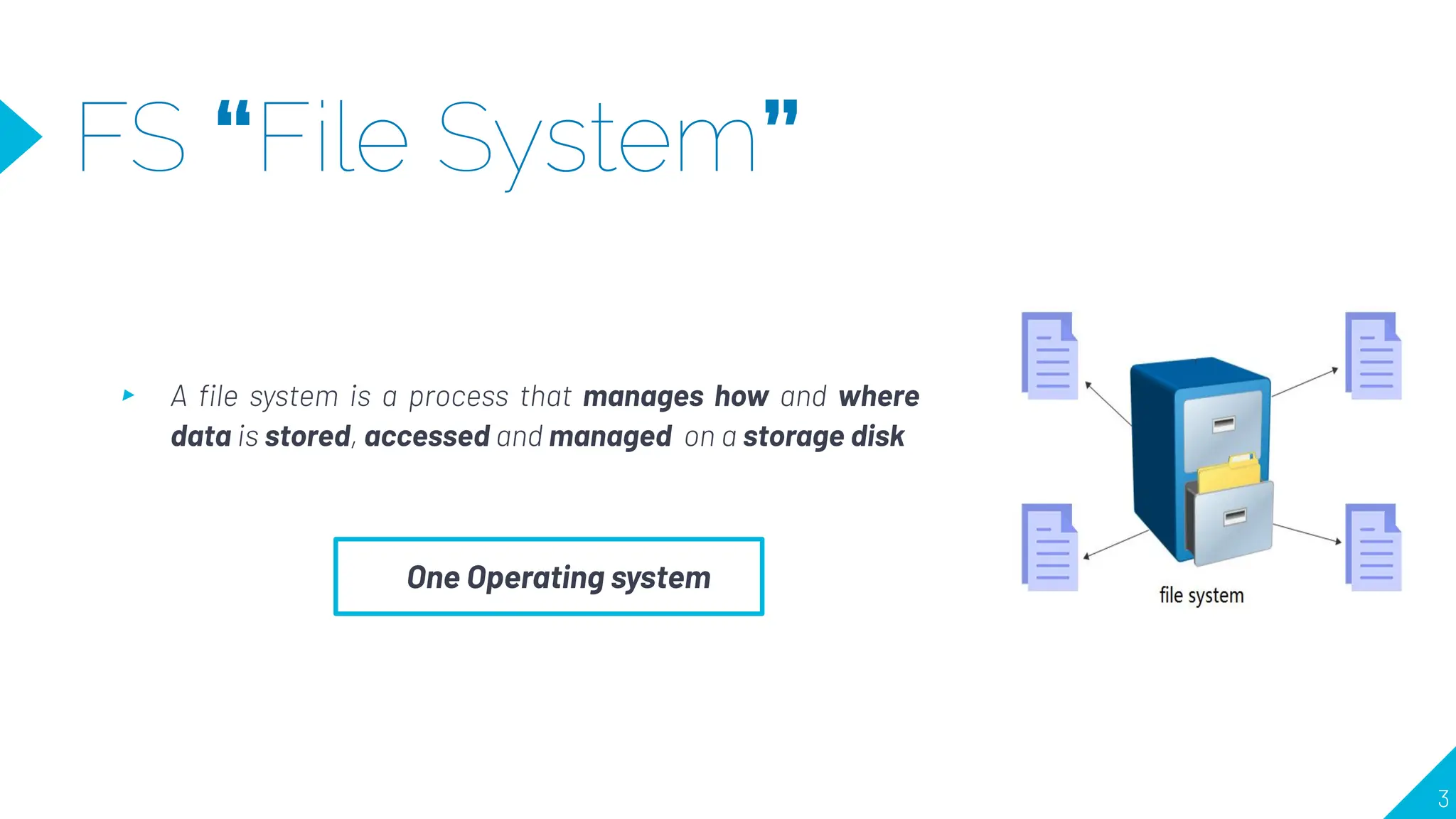 FS “File System”
▸ A ﬁle system is a process that manages how and where
data is stored, accessed and managed on a storage disk
3
One Operating system
 