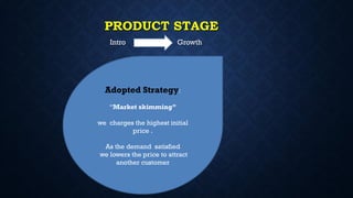 PRODUCT STAGE
Intro Growth
Adopted Strategy:
“Market skimming”
we charges the highest initial
price .
As the demand satisfied
we lowers the price to attract
another customer
 