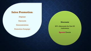 Sales Promotion:
Displays
Discounts
Demonstrations
Promotion Campign
Discounts
20% discounts for first 20
customers
Events
 
