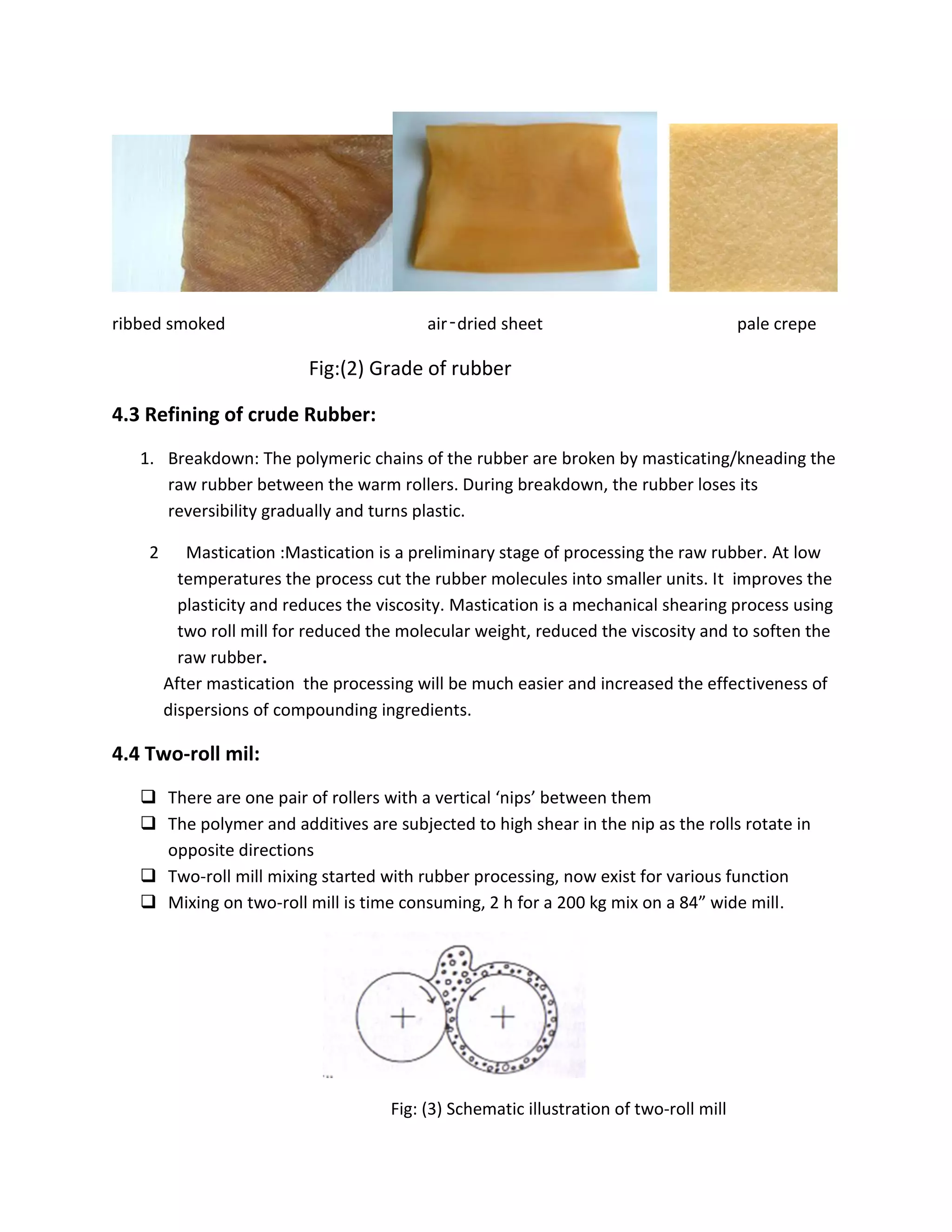 ribbed smoked air‑dried sheet pale crepe
Fig:(2) Grade of rubber
4.3 Refining of crude Rubber:
1. Breakdown: The polymeric chains of the rubber are broken by masticating/kneading the
raw rubber between the warm rollers. During breakdown, the rubber loses its
reversibility gradually and turns plastic.
2 Mastication :Mastication is a preliminary stage of processing the raw rubber. At low
temperatures the process cut the rubber molecules into smaller units. It improves the
plasticity and reduces the viscosity. Mastication is a mechanical shearing process using
two roll mill for reduced the molecular weight, reduced the viscosity and to soften the
raw rubber.
After mastication the processing will be much easier and increased the effectiveness of
dispersions of compounding ingredients.
4.4 Two-roll mil:
 There are one pair of rollers with a vertical ‘nips’ between them
 The polymer and additives are subjected to high shear in the nip as the rolls rotate in
opposite directions
 Two-roll mill mixing started with rubber processing, now exist for various function
 Mixing on two-roll mill is time consuming, 2 h for a 200 kg mix on a 84” wide mill.
Fig: (3) Schematic illustration of two-roll mill
 