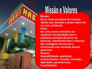Missão e Valores.MissãoServir bons produtos de maneira rápida com atenção e preço baixo em um bom ambiente.VisãoSer uma marca visionária ao combinar lucratividade com a autêntica vocação de servir as pessoas, oferecendo-lhes o máximo das vantagens funcionais e emocionais aos menores preços possíveis.ValoresAcessibilidade, qualidade, empreendedor, ousadia, inovação, dignidade, perseverança, hospitalidade