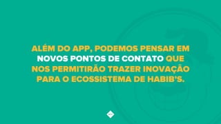 ALÉM DO APP, PODEMOS PENSAR EM
NOVOS PONTOS DE CONTATO QUE
NOS PERMITIRÃO TRAZER INOVAÇÃO
PARA O ECOSSISTEMA DE HABIB’S.
 