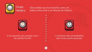 O da esquerda vem gravado com o
seu pedido favorito.
O da direita abre possibilidades
para novas opções gostosas.
Dois botões que funcionarão como um
atalho entre você e as delícias do Habib’s.
Clube
Habib’s
 