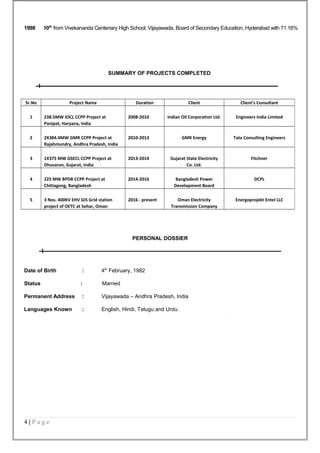1998 10th
from Vivekananda Centenary High School, Vijayawada, Board of Secondary Education, Hyderabad with 71.16%
SUMMARY OF PROJECTS COMPLETED
PERSONAL DOSSIER
Date of Birth : 4th
February, 1982
Status : Married
Permanent Address : Vijayawada – Andhra Pradesh, India
Languages Known : English, Hindi, Telugu and Urdu.
4 | P a g e
Sr.No Project Name Duration Client Client’s Consultant
1 238.5MW IOCL CCPP Project at
Panipat, Haryana, India
2008-2010 Indian Oil Corporation Ltd. Engineers India Limited
2 2X384.4MW GMR CCPP Project at
Rajahmundry, Andhra Pradesh, India
2010-2013 GMR Energy Tata Consulting Engineers
3 1X375 MW GSECL CCPP Project at
Dhuvaran, Gujarat, India
2013-2014 Gujarat State Electricity
Co. Ltd.
Fitchner
4 225 MW BPDB CCPP Project at
Chittagong, Bangladesh
2014-2016 Bangladesh Power
Development Board
DCPL
5 3 Nos. 400KV EHV GIS Grid station
project of OETC at Sohar, Oman
2016 - present Oman Electricity
Transmission Company
Energoprojekt Entel LLC
 