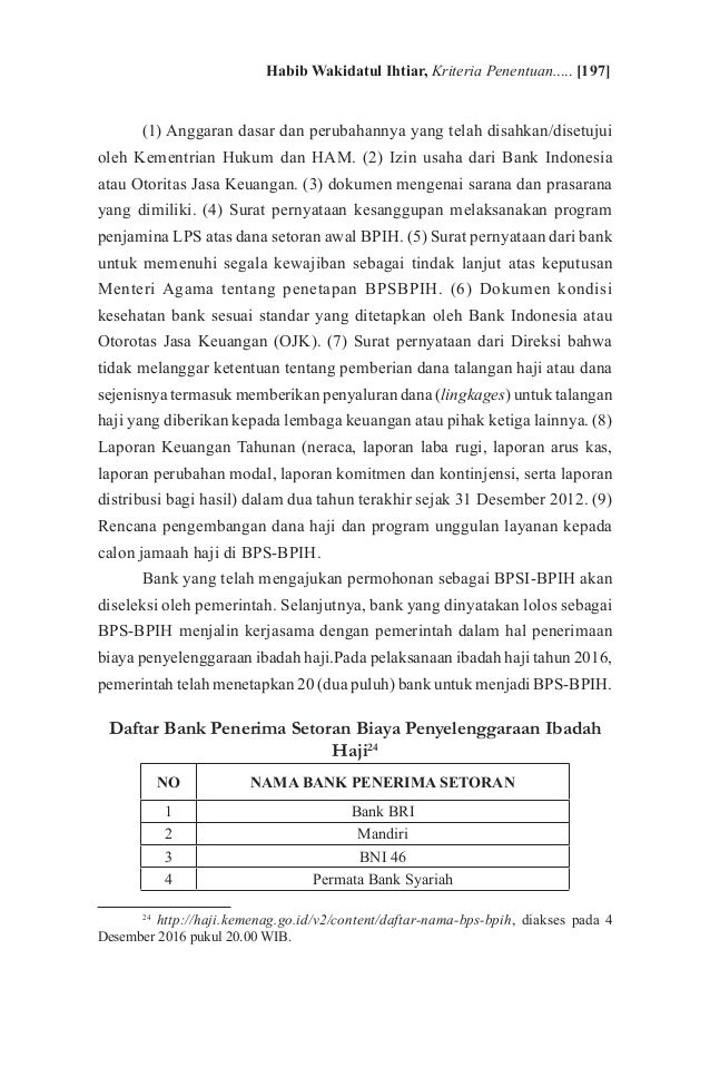 KRITERIA PENENTUAN BANK PENERIMA SETORAN BIAYA 